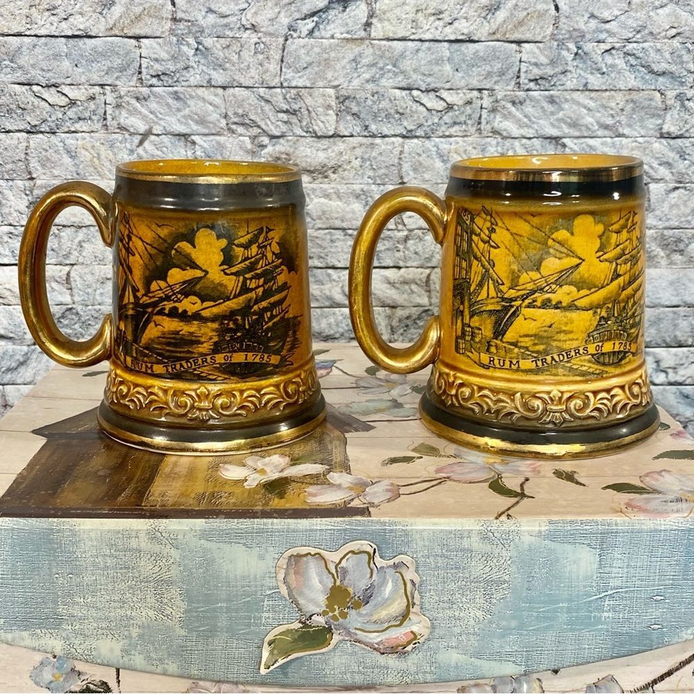 Vintage Beer Stein Mug Set of 2 Ceramic Napco Japan Rum Traders 1785 Brass Tone